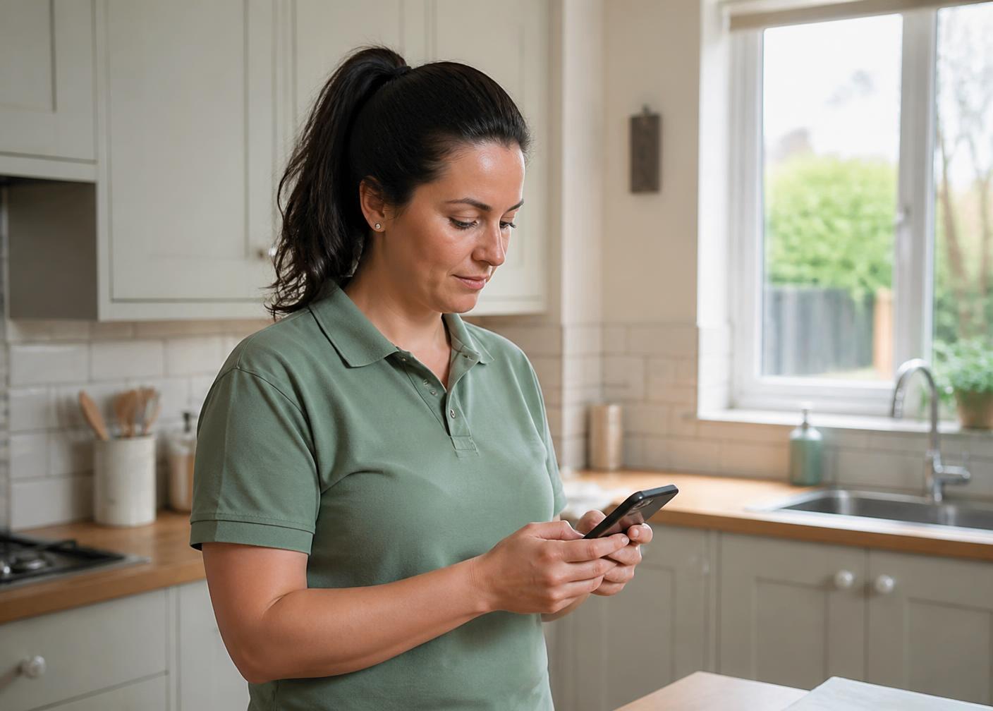 Cleaner checking a new quote request on her phone in a customer's kitchen